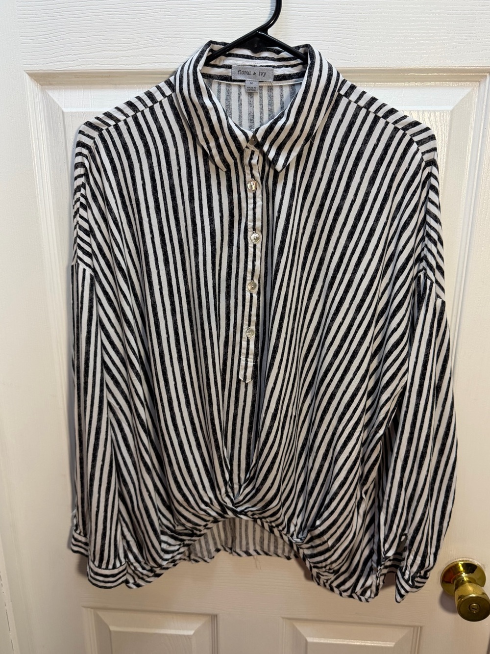 Black & White Striped Button Front Knot Blouse